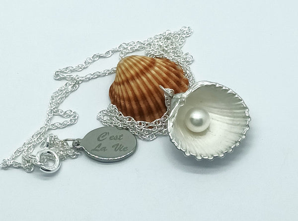 Cockle Shell charm - silver with freshwater pearl