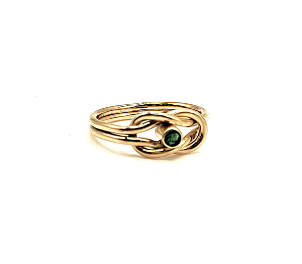 Gold Reef Knot Ring, with 3mm Emerald green gemstone