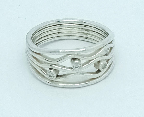 5 Band Wave Ring - silver with sparkling gems
