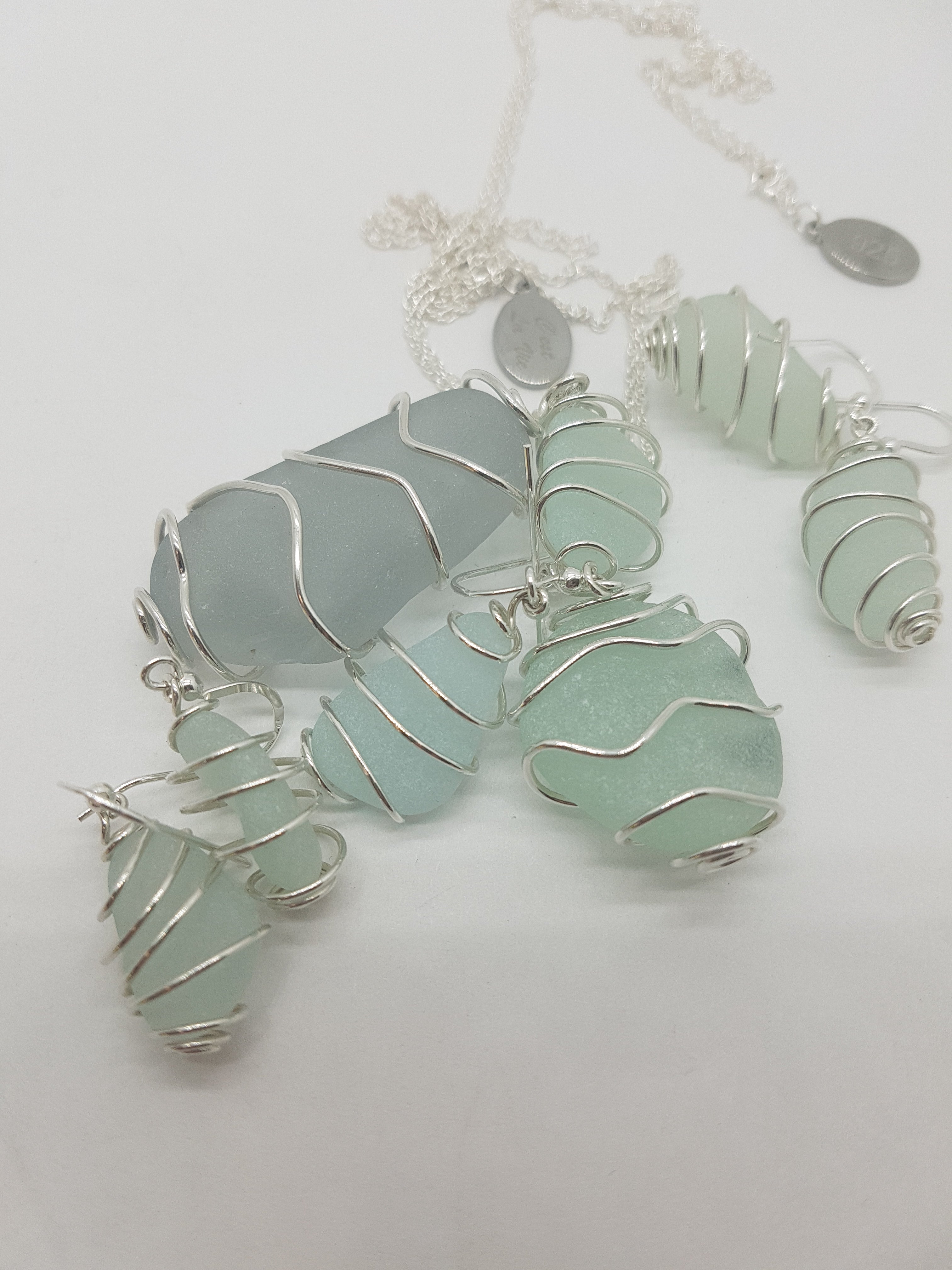 Seaglass and Silver Pendant - Aqua
